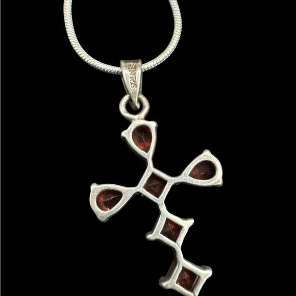 Vintage Sterling Silver Garnet Cross Pendant Necklace 20” Garnet Cross Religous
